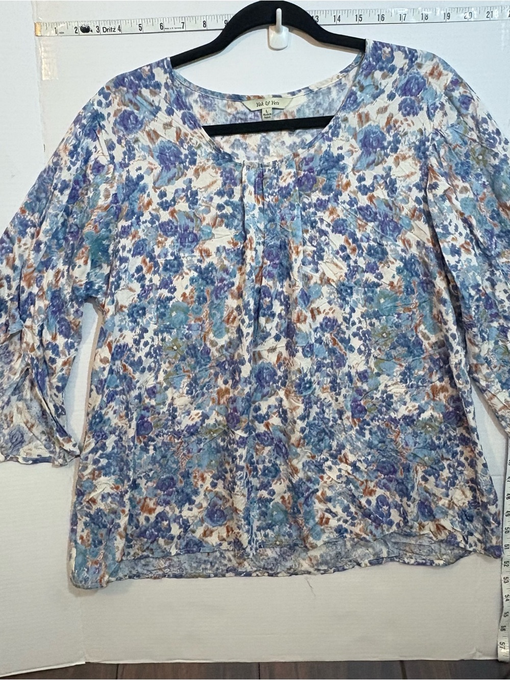 Blue Floral Pleated Scoop-Neck Women's Blouse